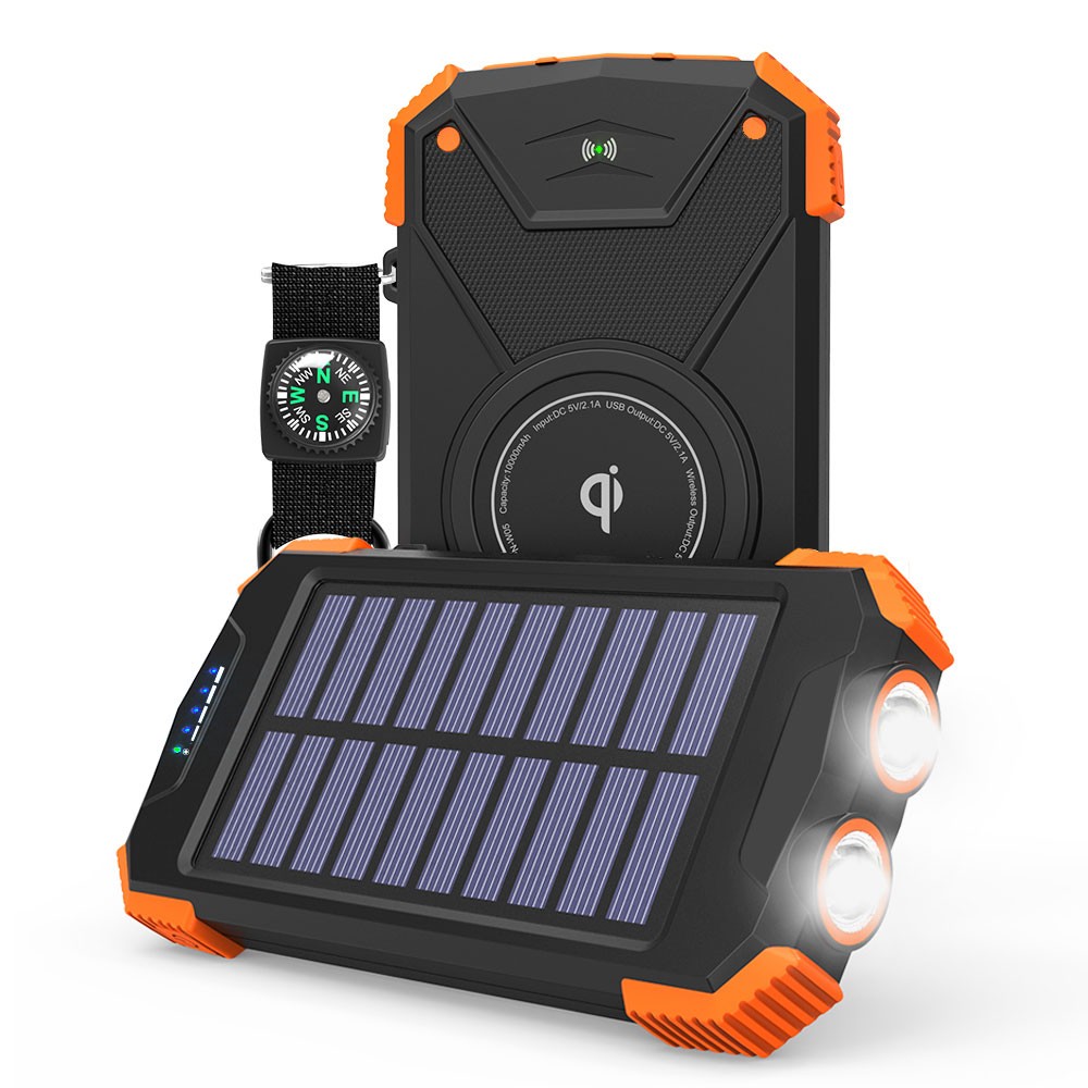 10000 mAh wasserdichte Solar-Powerbank mit kabellosem Ladegerät